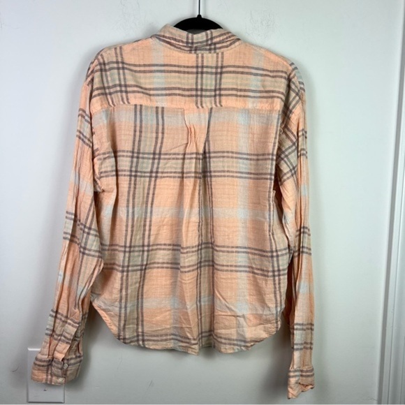 Free People Womens Button Up Shirt Large Peach Plaid Relaxed Dolman Sleeve Crop - Picture 7 of 9
